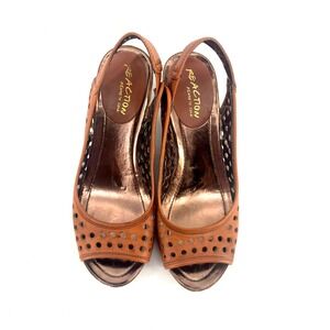 Reaction Kenneth Cole Brown Leather Peep Toe Slingback Wedge Heels Sz 7.5